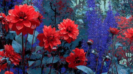 Bold red flowers in abstract garden layout