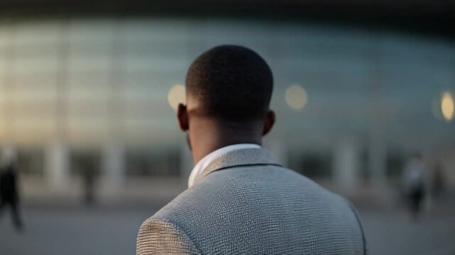 Focused Outlook: An African descent figure in formal attire, viewed from behind, exudes purpose as he gazes towards a modern building, set against a slightly blurred backdrop.