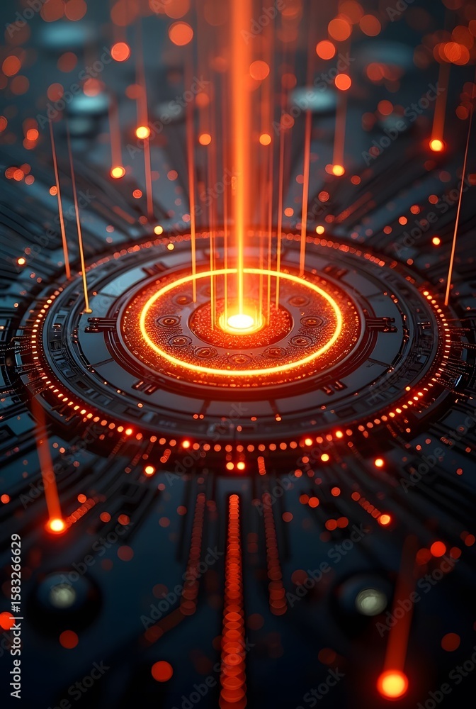 Poster abstract digital art depicting a futuristic technological hub, vertical composition. intense orange 