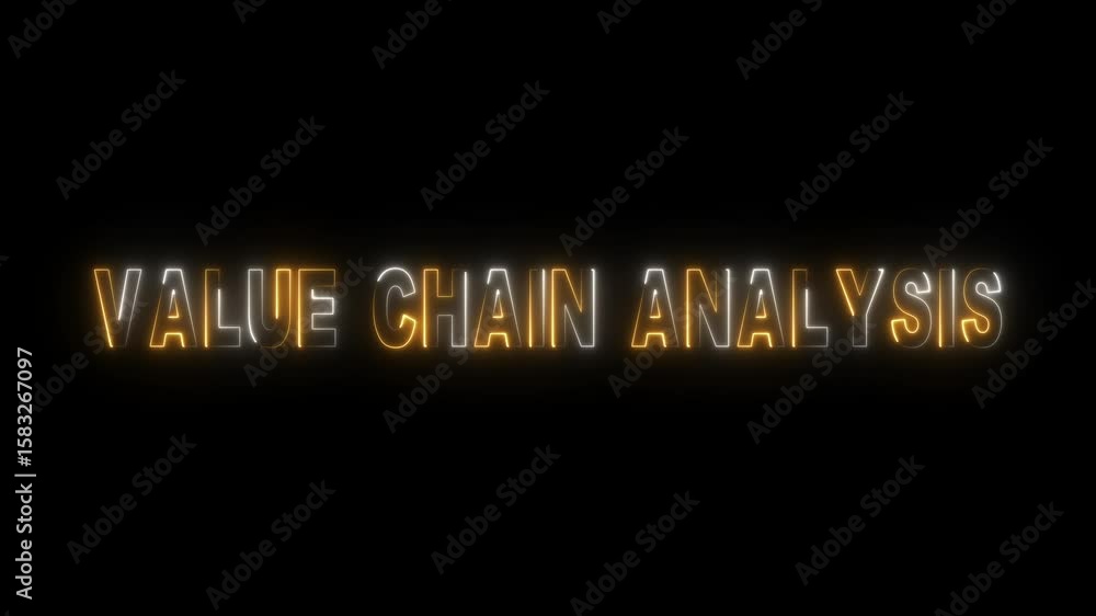 Poster dynamic neon value chain analysis text animation on black background illuminating business