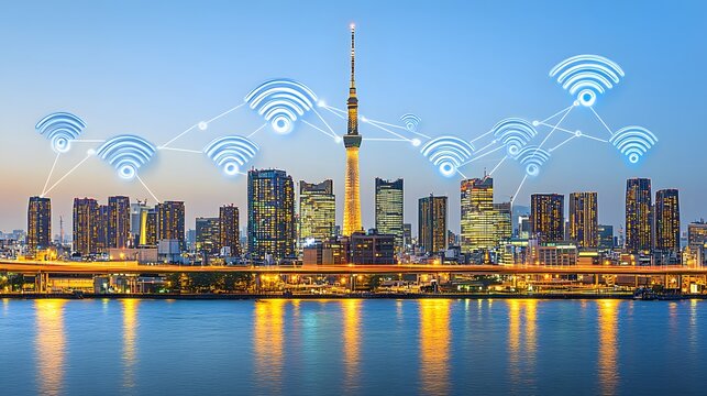 Illuminated cityscape at night with a wireless network overlay.
