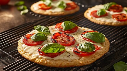 Gourmet mini pizzas with crisp golden crusts, topped with fresh mozzarella, ripe tomato slices, and vibrant green basil leaves, grilled to perfection on a textured cast-iron surface