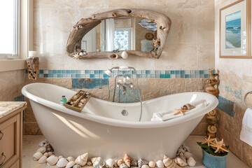 A bathroom with a freestanding bathtub, sea glass tiles, a driftwood mirror, and sandy beige walls, seashells and pebbles artfully arranged around the sink, creating a spa-like coastal retreat