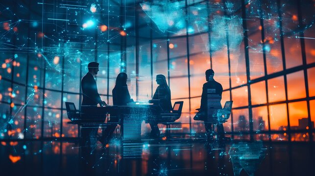 Business team in meeting, overlaid with data visualizations.