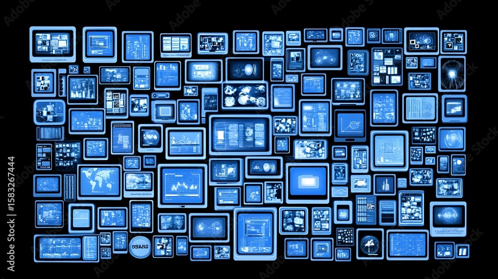 Poster many digital screens with various information displayed.