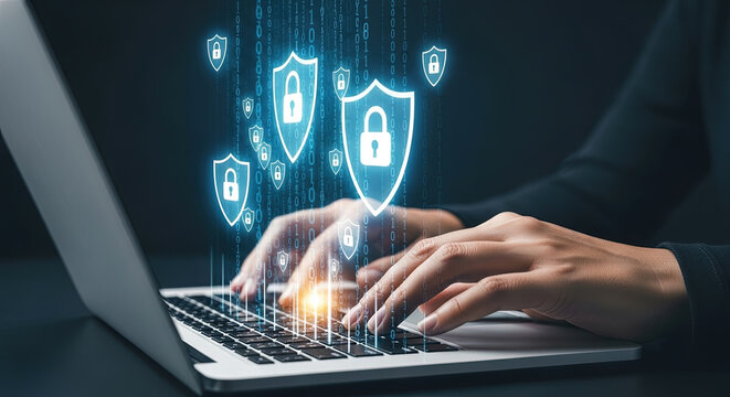 Cyber Security Professional Typing on Laptop with Digital Shield Lock Icons for Data Protection and Secure Online Transactions, Internet Safety Concept