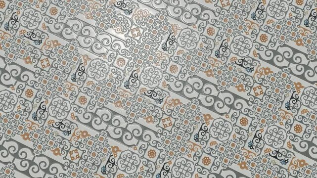 Detailed ornamented tiles in pastel orange and gray colors.