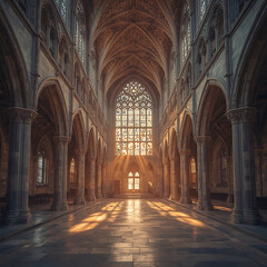 Fototapeta premium The image depicts a serene and minimalist scene in an intricate Gothic Cathedral, illuminated by morning light and featuring stained glass and stone carvings.