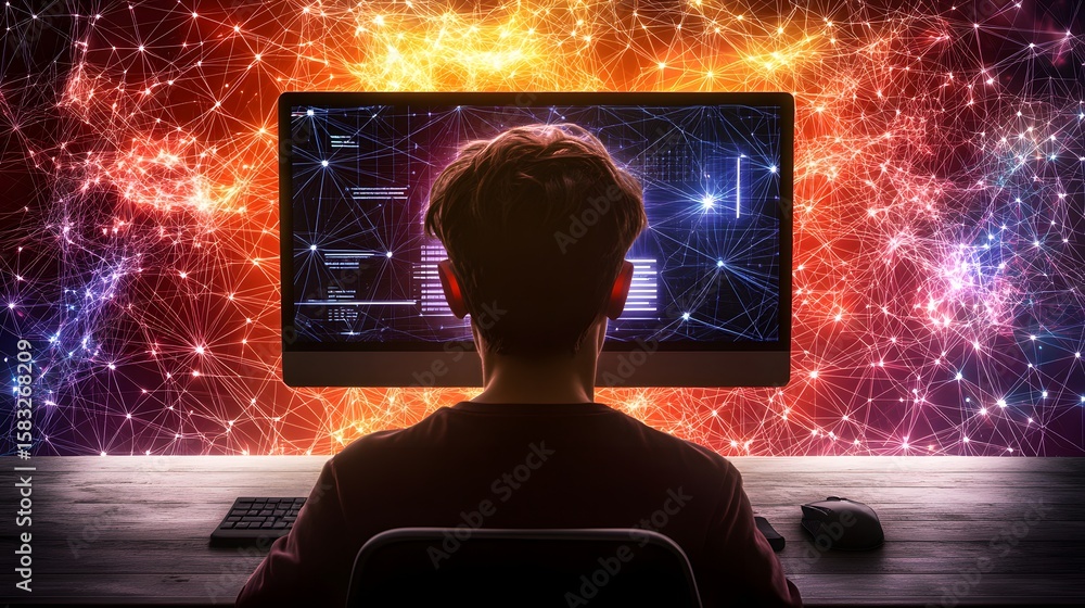 Fototapete Person using computer with network graphic background.