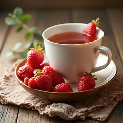 Strawberry tea in white bowl and wooden spoon on yellow background.