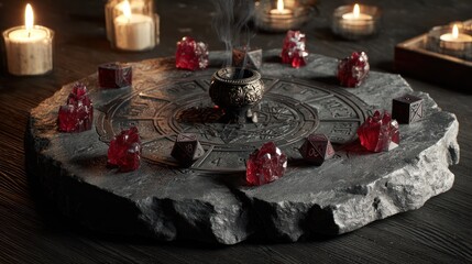 Mystical circular stone altar with crystals and incense