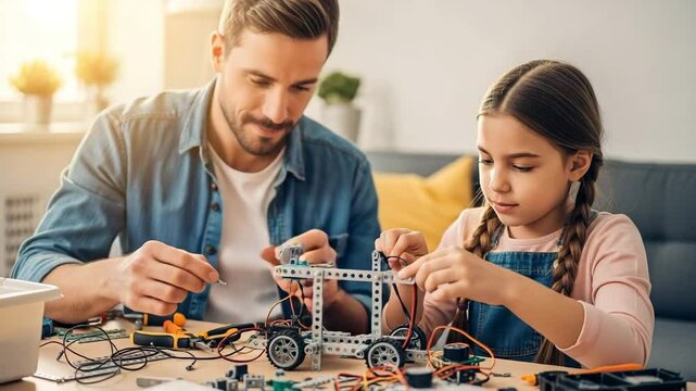 Father and daughter enjoy STEM learning while building a robot kit together at home during an afternoon activity