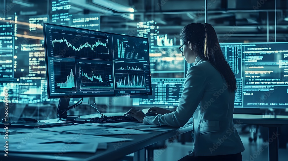 Poster woman working at a computer with multiple screens displaying data.