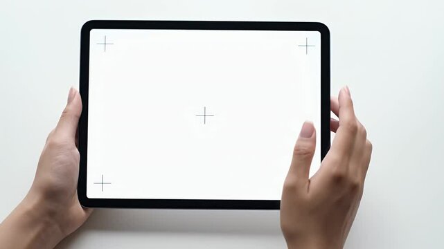 Hands Holding Black Framed Tablet with White Screen Display Against a White Background In a Clean Lighting Style Optimized for Adobe Stock