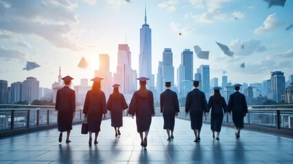 Graduates in caps and gowns walk toward a digital cityscape, symbolizing e-learning and future opportunities. 4k video