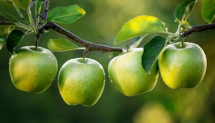 four ripe green apples on a branch against a blurred green background