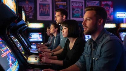 Friends enjoying retro arcade games with neon lights in a classic 80s atmosphere filled with laughter and excitement - Powered by Adobe