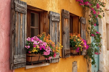Rustic building featuring flower-filled window boxes and aged wooden shutters