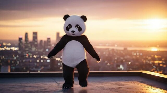 Dancing panda costume on rooftop with city skyline during sunset creates whimsical atmosphere