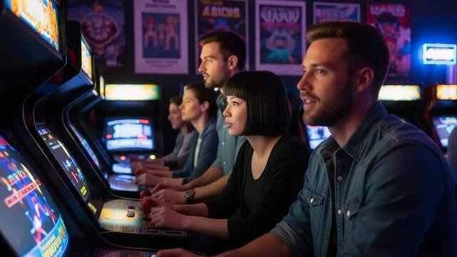 Friends enjoying retro arcade games with neon lights in a classic 80s atmosphere filled with laughter and excitement