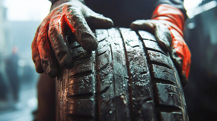 Tire changing tyre repair car service shop background banner with copy space, close-up of auto mechanic hand on tire in automobile fixing garage