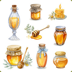Set of vector illustration of wax decorative burning candles and jars of honey, isolated on white background