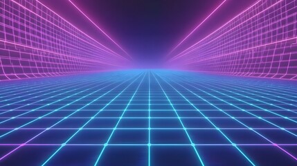 Neon grid pathway extending into the distance.