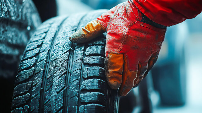 Tire changing tyre repair car service shop background banner with copy space, close-up of auto mechanic hand on tire in automobile fixing garage