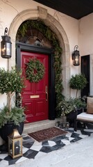 Fototapeta premium Holiday entryway decorated with wreath and garlands, traditional red door, charcoal black and gold color scheme, luxurious style, high detail