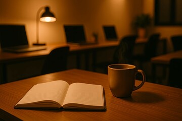 Warm Night Workspace with Notebook and Coffee｜ノートとコーヒーの温かい夜の作業空間