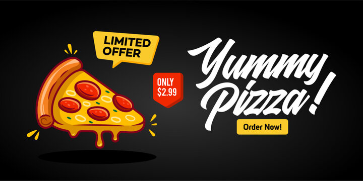 pizza poster. Pizza Flyer Social Media ad Design illustration vector in black background with typography. Fun cartoon style of pizza banner background 