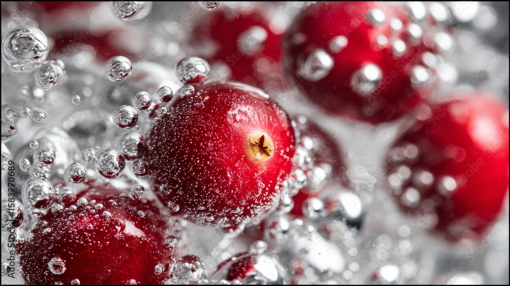 Aufkleber extreme macro shot of fresh lingonberries submerged in sparkling soda water with visible bubbles. re