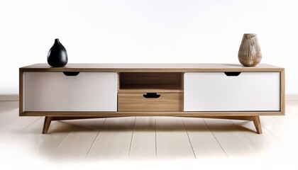 modern white tv stand with wooden accents