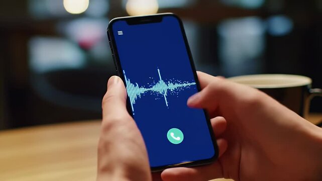 Hands Holding Phone Displaying Blue Waveform Visualization over Table with Blurred Background Mobile Device Technology Concept for Adobe Stock