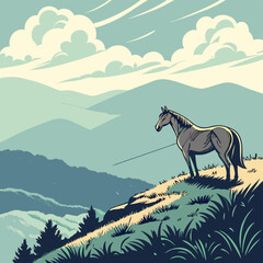 Wild stallion running across a mountain pasture, a silhouette against the summer sky