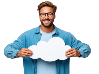 Cloudy day or bright future: A man with glasses holds a cloud cutout, smiling, representing the promise of future and data storage