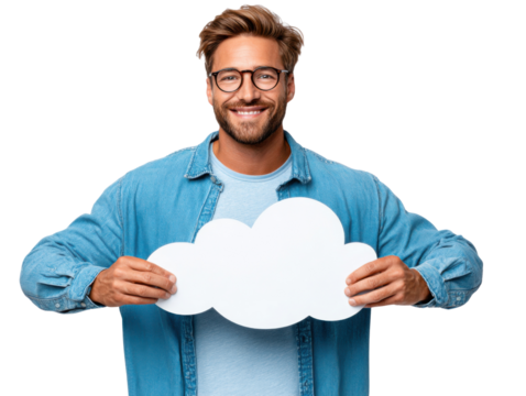 Cloudy day or bright future: A man with glasses holds a cloud cutout, smiling, representing the promise of future and data storage