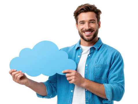 Smiling man holding a paper cloud: A cheerful man in a casual blue shirt smiles and presents a blue paper cloud, symbolizing connectivity and modern solutions.