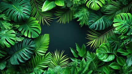 Lush tropical leaves arranged in a border design.