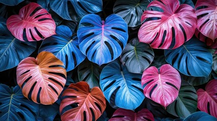 Vibrant colorful monstera leaves in a lush arrangement.