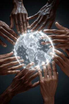 Diverse hands joining together around a glowing globe hologram emphasizing unity and global connectivity