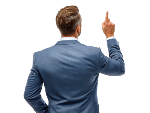 Business Visionary: An elegant business professional, viewed from the back, confidently points towards the future, symbolizing leadership, vision, and forward-thinking in a professional setting.