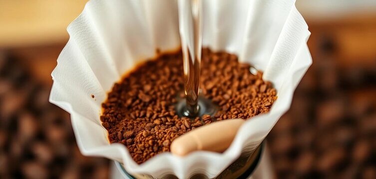 Close-up of ground coffee in a pour-over filter, water about to be poured, rich, cafe