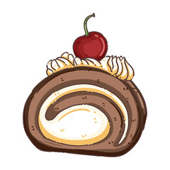 Minimalist Chocolate Roll Cake with Cherry Illustration