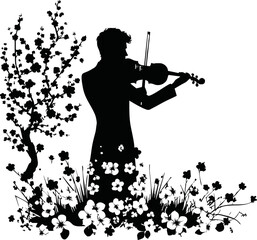 Silhouette of violinist in spring concert isolated vector style on white background