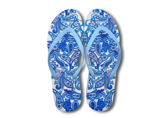 Top view of stylish blue flip-flops with a floral print and light blue straps, isolated on white background.