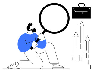 Person kneeling with magnifying glass analyzing upward arrows and briefcase. Ideal for research, career growth, business strategy, opportunity identification, leadership, focus, simple flat metaphor