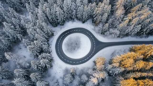 Aerial view shows a circular road nestled in a winter landscape with snow covered trees and patches of golden foliage