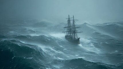 Historic wooden ship navigating rough ocean waves under stormy skies