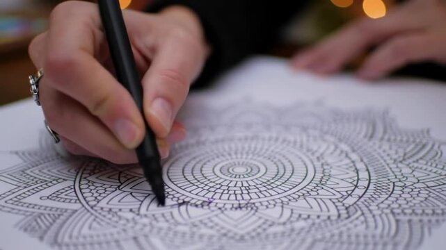 A hand holding a pen colors in an intricate mandala drawing with purple ink